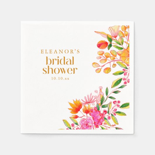 Modern Pink Orange Watercolor Flower Bridal Shower スタンダードカクテルナプキン (正面)