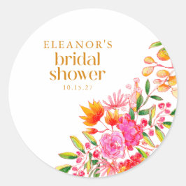 Modern Pink Orange Watercolor Flower Bridal Shower ラウンドシール
