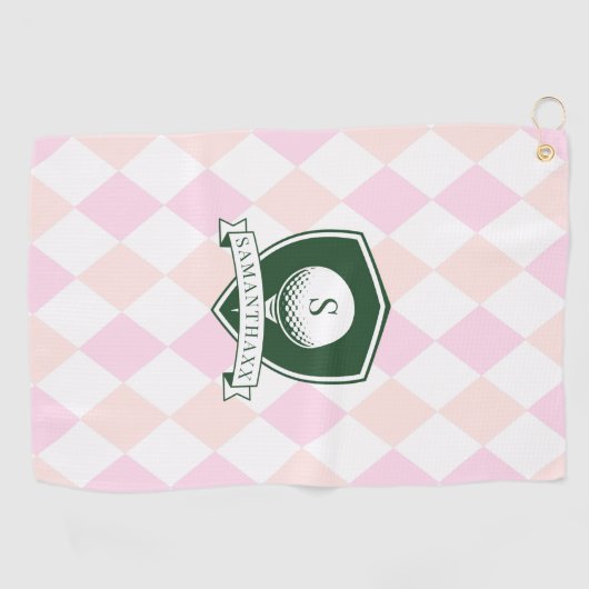 Modern Pink Pattern Green Golf Ball Name Monogram ゴルフタオル (横)