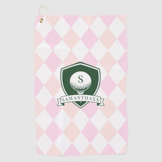 Modern Pink Pattern Green Golf Ball Name Monogram ゴルフタオル (正面)