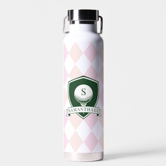 Modern Pink Pattern Green Golfer Name Monogram ウォーターボトル (正面)