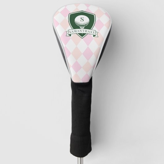 Modern Pink Pattern Green Golfer Name Monogram ゴルフヘッドカバー (正面)