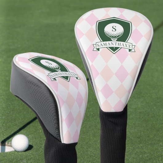 Modern Pink Pattern Green Golfer Name Monogram ゴルフヘッドカバー