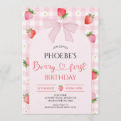 Modern Pink Plaid Arch Berry First Birthday 招待状 (正面)
