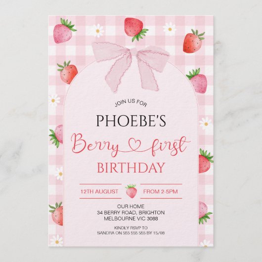 Modern Pink Plaid Arch Berry First Birthday 招待状 (正面)