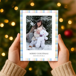 Modern Pink Plaid Check Christmas Photo Card シーズンカード