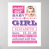 Modern Pink Purple Baby Girl Photo Birth Stats ポスター (正面)