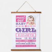 Modern Pink Purple Baby Girl Photo Birth Stats 吊り下げ型タペストリー (正面)