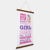 Modern Pink Purple Baby Girl Photo Birth Stats 吊り下げ型タペストリー (傾斜あり)