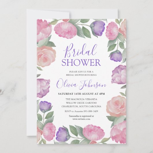 Modern Pink & Purple Floral Bridal Shower 招待状 (正面)