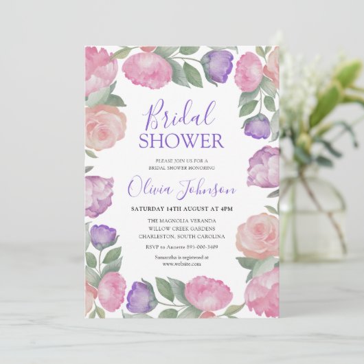 Modern Pink & Purple Floral Bridal Shower 招待状 (スタンド正面)