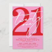 Modern Pink Red 21st Birthday 招待状 (正面)