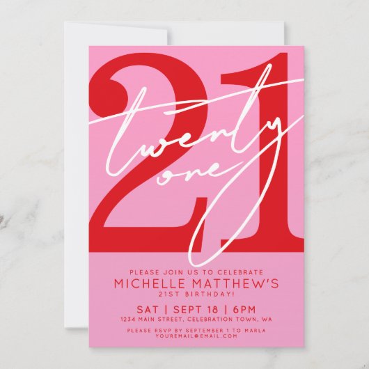 Modern Pink Red 21st Birthday 招待状 (正面)