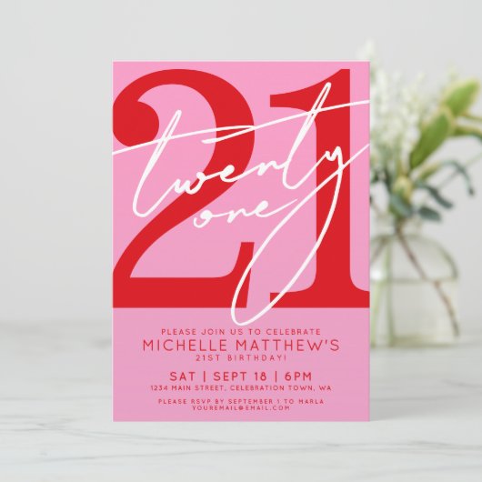 Modern Pink Red 21st Birthday 招待状 (スタンド正面)