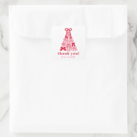 Modern Pink Red Bow Thank You スクエアシール (バッグ)