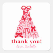 Modern Pink Red Bow Thank You スクエアシール (正面)
