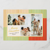 Modern Pink Red Green Striped Photo 箔シーズンカード (正面)