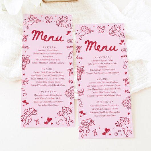 Modern Pink Red Hearts Hand Drawn Valentine Menu