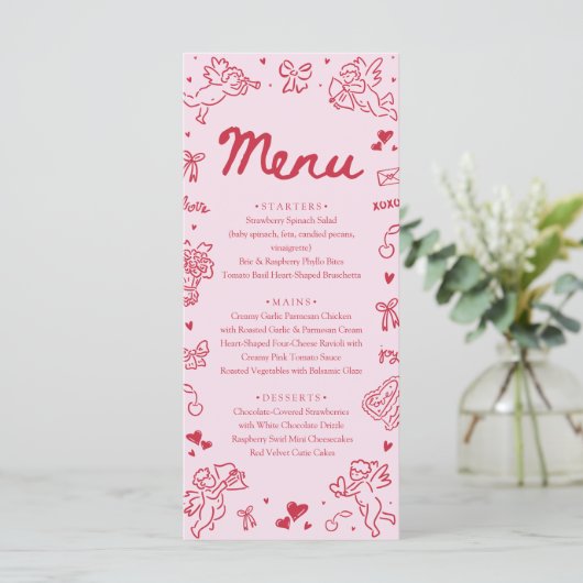 Modern Pink Red Hearts Hand Drawn Valentine Menu (スタンド正面)