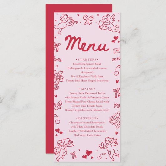 Modern Pink Red Hearts Hand Drawn Valentine Menu (正面/裏面)