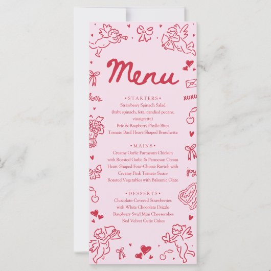 Modern Pink Red Hearts Hand Drawn Valentine Menu (正面)
