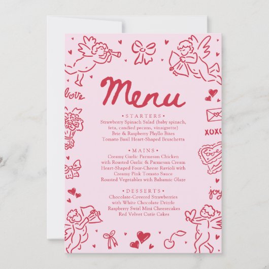 Modern Pink Red Hearts Hand Drawn Valentine Menu (正面)