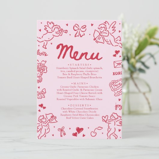 Modern Pink Red Hearts Hand Drawn Valentine Menu (スタンド正面)