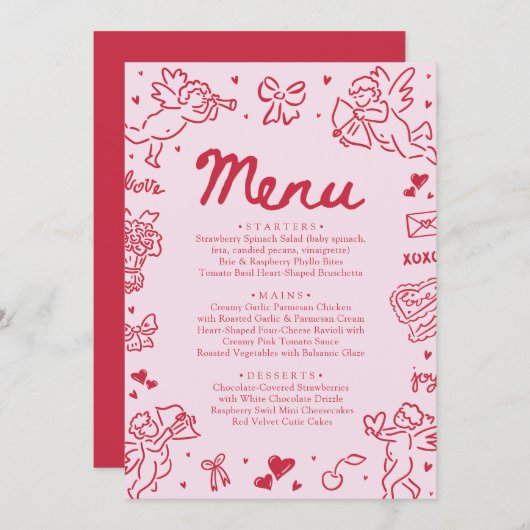 Modern Pink Red Hearts Hand Drawn Valentine Menu (正面/裏面)