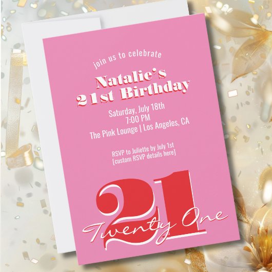 Modern Pink Red Minimalist 21st Birthday 招待状