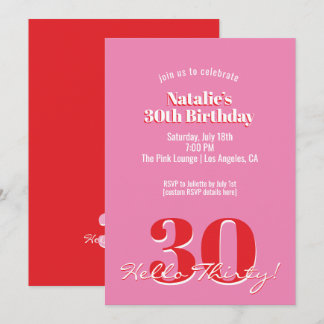Modern Pink Red Minimalist 30th Birthday 招待状