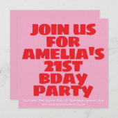 Modern Pink Red Photo Playful Bold Birthday 21st 招待状 (正面/裏面)