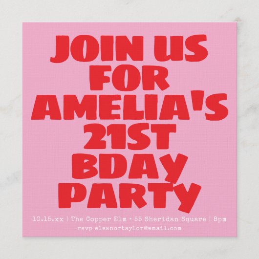 Modern Pink Red Photo Playful Bold Birthday 21st 招待状 (正面)