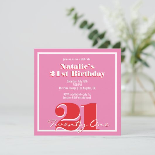 Modern Pink Red Retro 21st Birthday Square 招待状 (スタンド正面)
