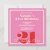 Modern Pink Red Retro 21st Birthday Square 招待状 (正面)