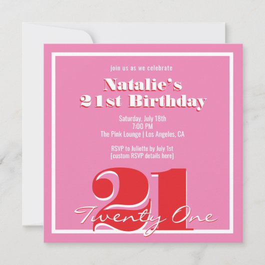 Modern Pink Red Retro 21st Birthday Square 招待状 (正面)