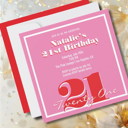 Modern Pink Red Retro 21st Birthday Square 招待状