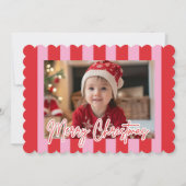 Modern Pink & Red Striped Photo Merry Christmas シーズンカード (正面)