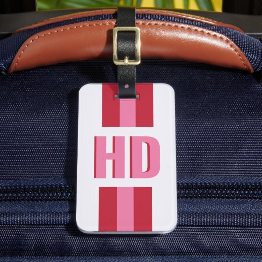 Modern Pink Red striped Shadow Monogram cute Girly ラゲッジタグ (正面インサイチュ2)