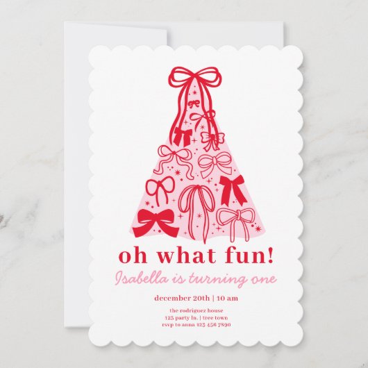 Modern Pink Red Tree Bow 1st Birthday 招待状 (正面)