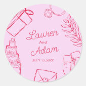 Modern Pink & Red Wedding sketch Favor ラウンドシール (正面)