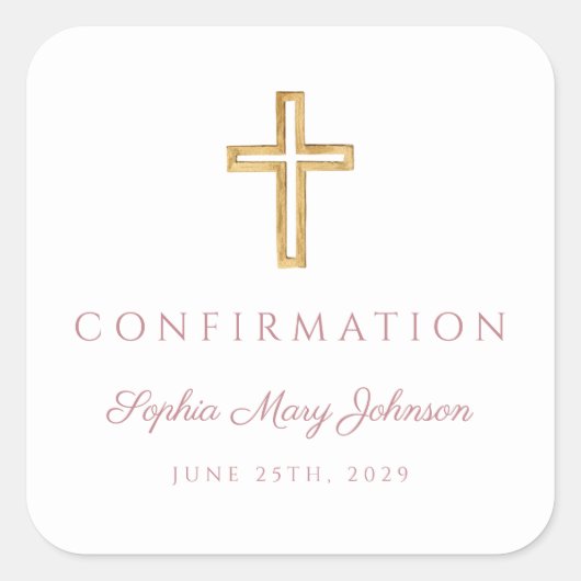 Modern Pink Religious Cross Boy Confirmation スクエアシール (正面)