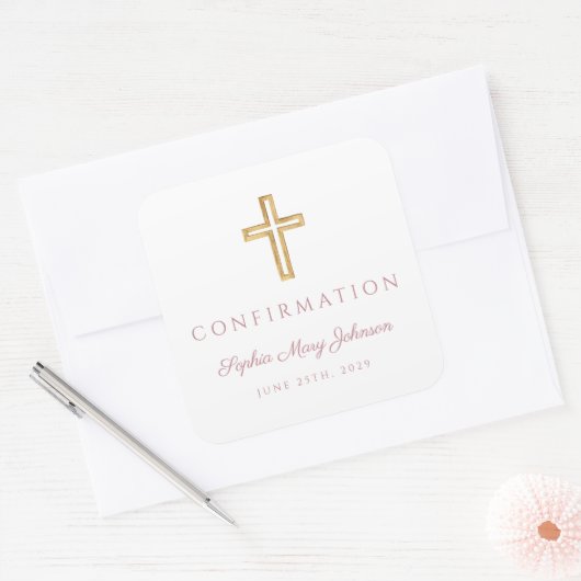 Modern Pink Religious Cross Boy Confirmation スクエアシール (封筒)