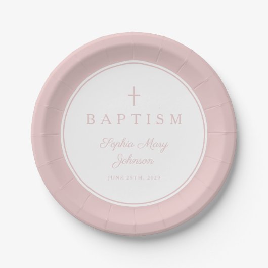 Modern Pink Religious Cross Girl Baptism ペーパープレート (正面)
