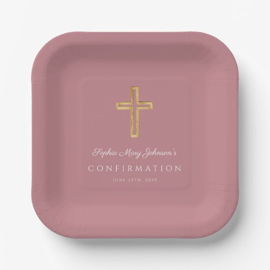 Modern Pink Religious Cross Girl Confirmation ペーパープレート (正面)