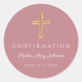 Modern Pink Religious Cross Girl Confirmation ラウンドシール (正面)