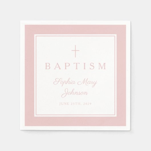 Modern Pink Religius Cross Girl Baptism スタンダードカクテルナプキン (正面)