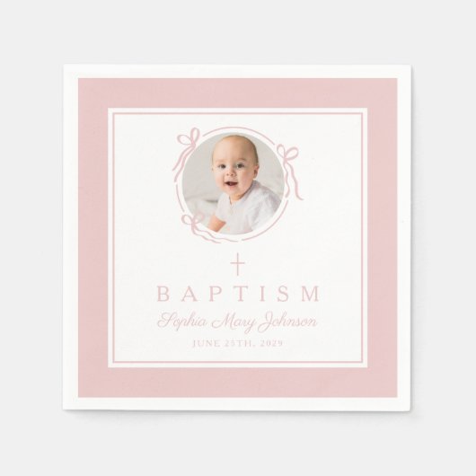 Modern Pink Religius Cross Girl Baptism スタンダードカクテルナプキン (正面)