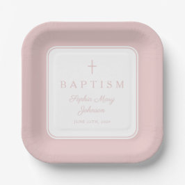Modern Pink Religius Cross Girl Baptism ペーパープレート