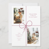 Modern Pink Ribbon Bow Wrap 2 Photo Christmas シーズンカード (正面)