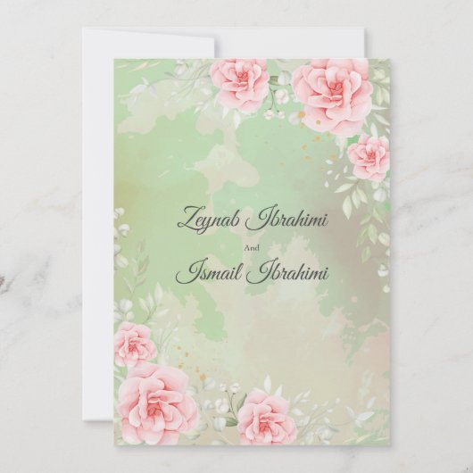 Modern Pink Roses, Gold Islamic Muslim Wedding 招待状 (裏面)